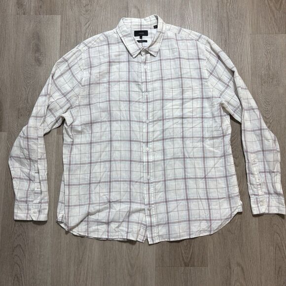 Vince Shirt Mens 2XL Linen White Pink Plaid Flannel‎ L/S Button Up Classic Fit - Picture 1 of 8